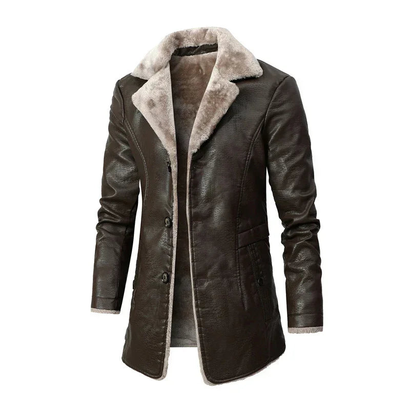 Brown faux leather coat with light beige faux fur lining and tailored fit