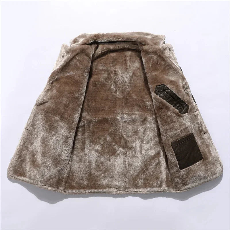 Brown faux fur coat interior with soft texture and quilted leather accent patches