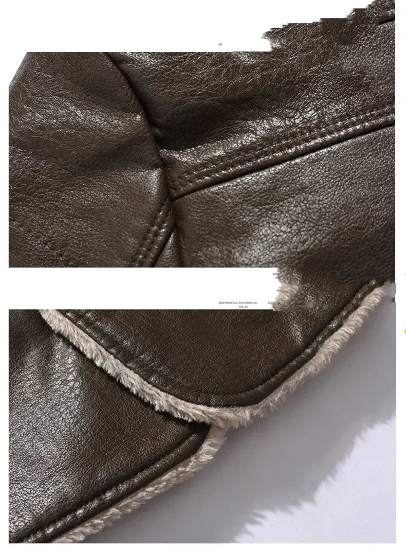 Close-up of dark brown faux leather jacket with visible stitching and cream shearling lining