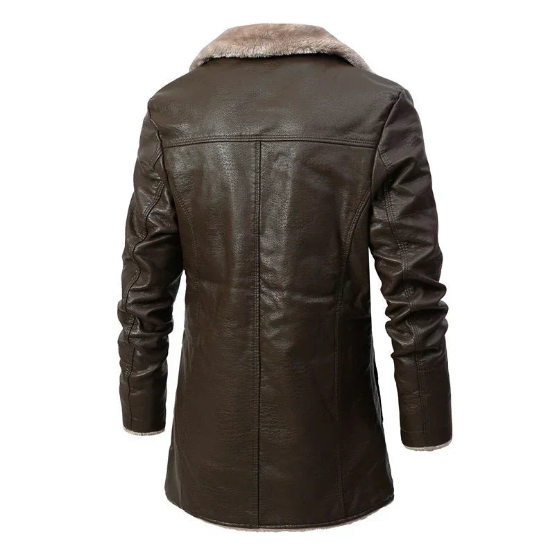 Back view of a long brown faux leather jacket with fur collar and tailored fit