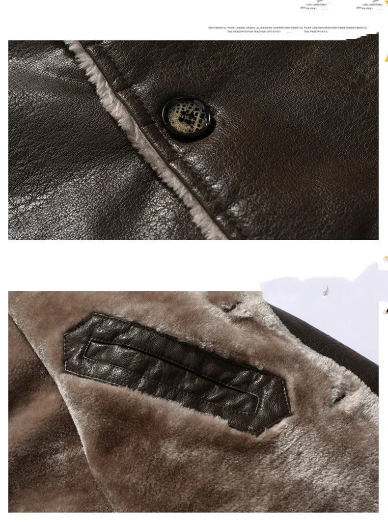 Close-up of brown faux leather jacket with button and plush shearling lining, slim fit
