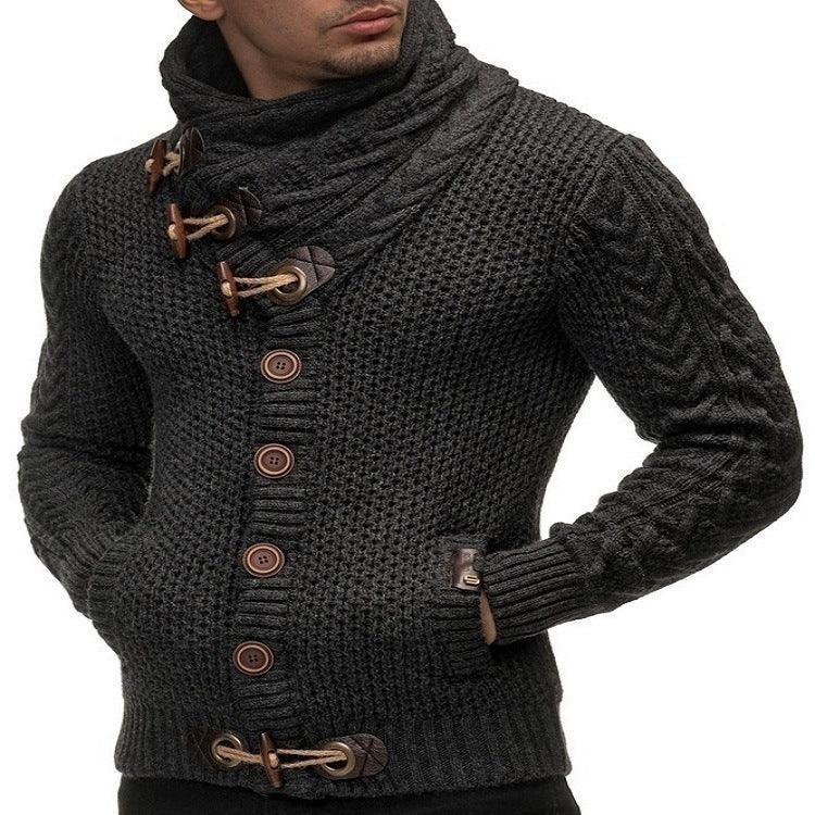 Men's dark gray chunky knit cardigan with toggle buttons, shawl collar, and slim fit