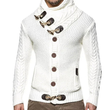 Men's fitted white chunky knit sweater with shawl collar, toggle and button closure