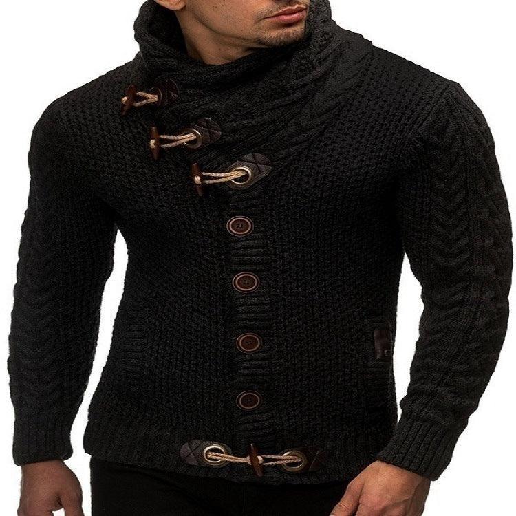 Men's black chunky knit sweater with toggle details, high neck, and fitted sleeves