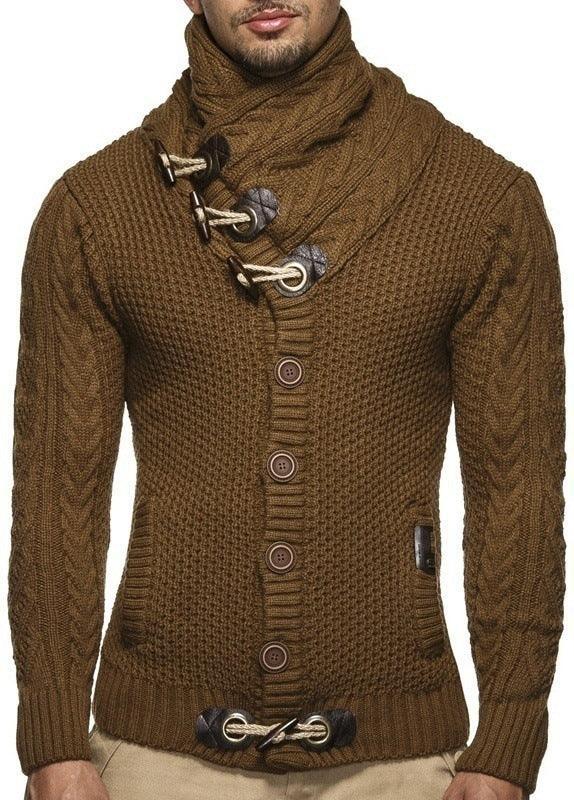 Brown chunky knit cardigan with large buttons, toggle details, slim fit, and textured pattern.
