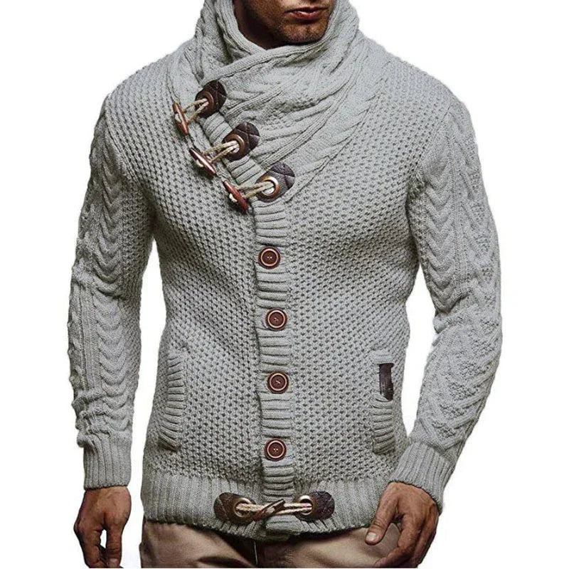 Men's chunky knit gray cardigan sweater with toggle buttons and shawl collar, slim fit