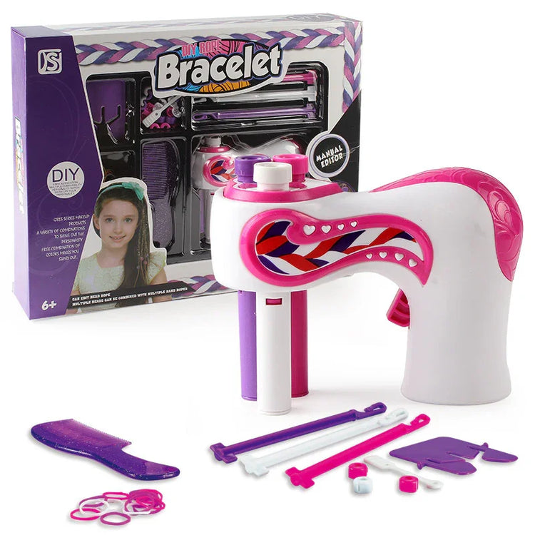 DIY bracelet making kit with pink, purple, and white plastic tools and accessories