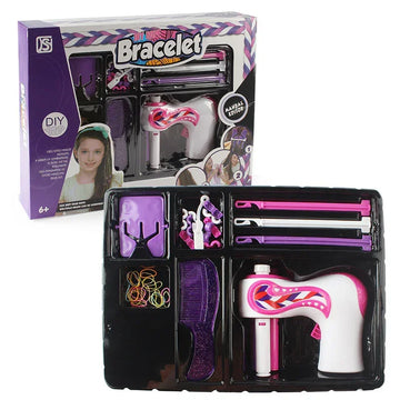 Colorful DIY bracelet making kit with purple, pink and white crafting tools