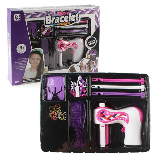 Colorful DIY bracelet making kit with purple, pink and white crafting tools