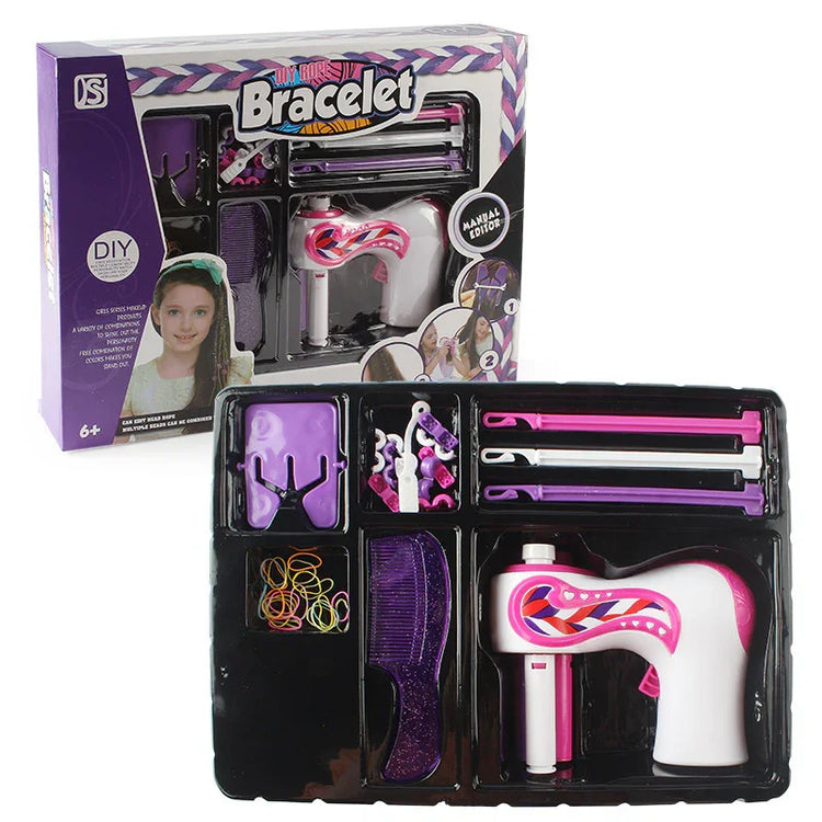 Colorful DIY bracelet making kit with purple, pink and white crafting tools
