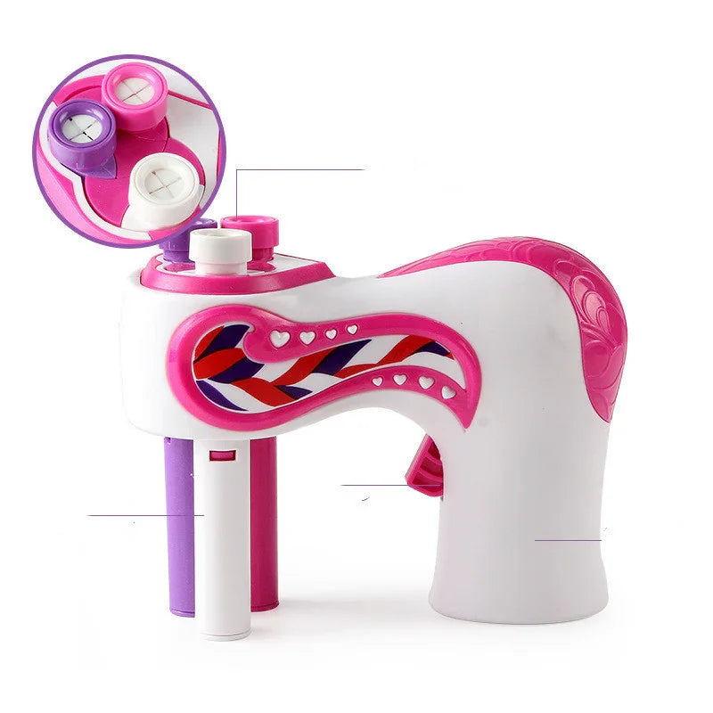 Colorful plastic braiding tool in pink and white with heart accents and twist pattern detail