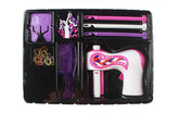 Colorful hair braiding kit with pink and purple plastic tool, comb, hair bands, and styling accessories