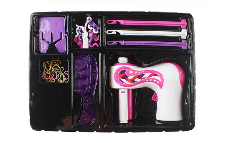 Colorful hair braiding kit with pink and purple plastic tool, comb, hair bands, and styling accessories