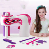 Girl in pastel lace dress with teal bow, long straight hair, sitting beside colorful hair braiding toy with purple, pink, and white accessories.