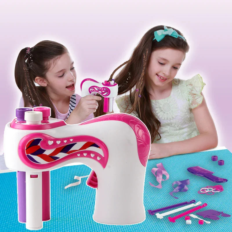 Girls using a pink and white automatic hair braiding tool with colorful hair accessories on table.