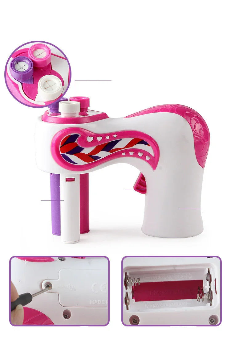 Pink and white plastic hair braiding tool with heart details, battery compartment shown