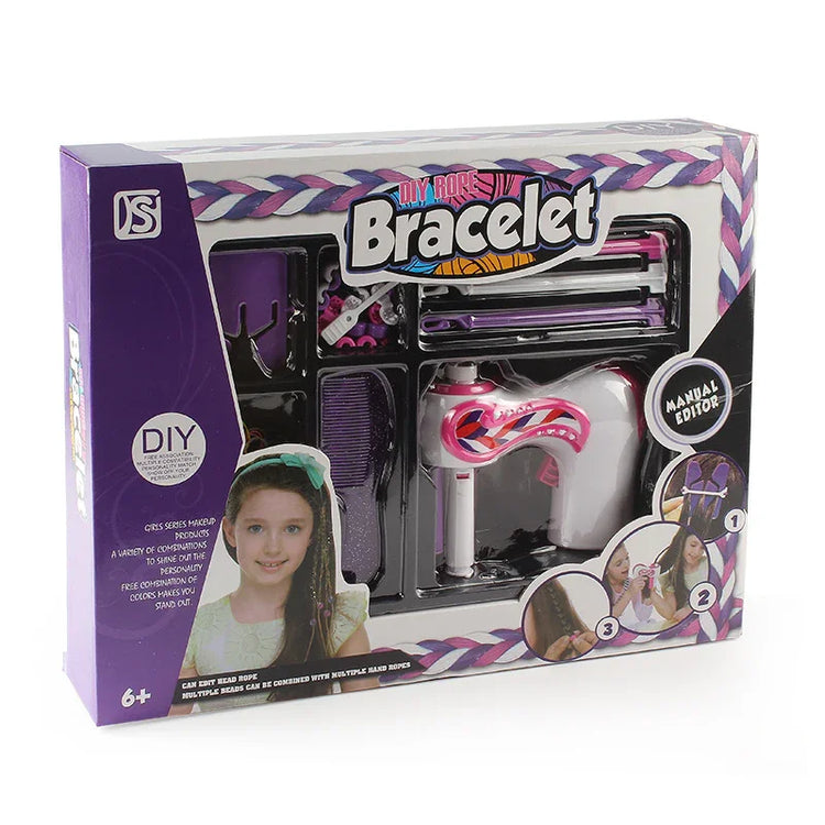 DIY braided bracelet kit in purple and pink tones, includes braiding tool and accessories