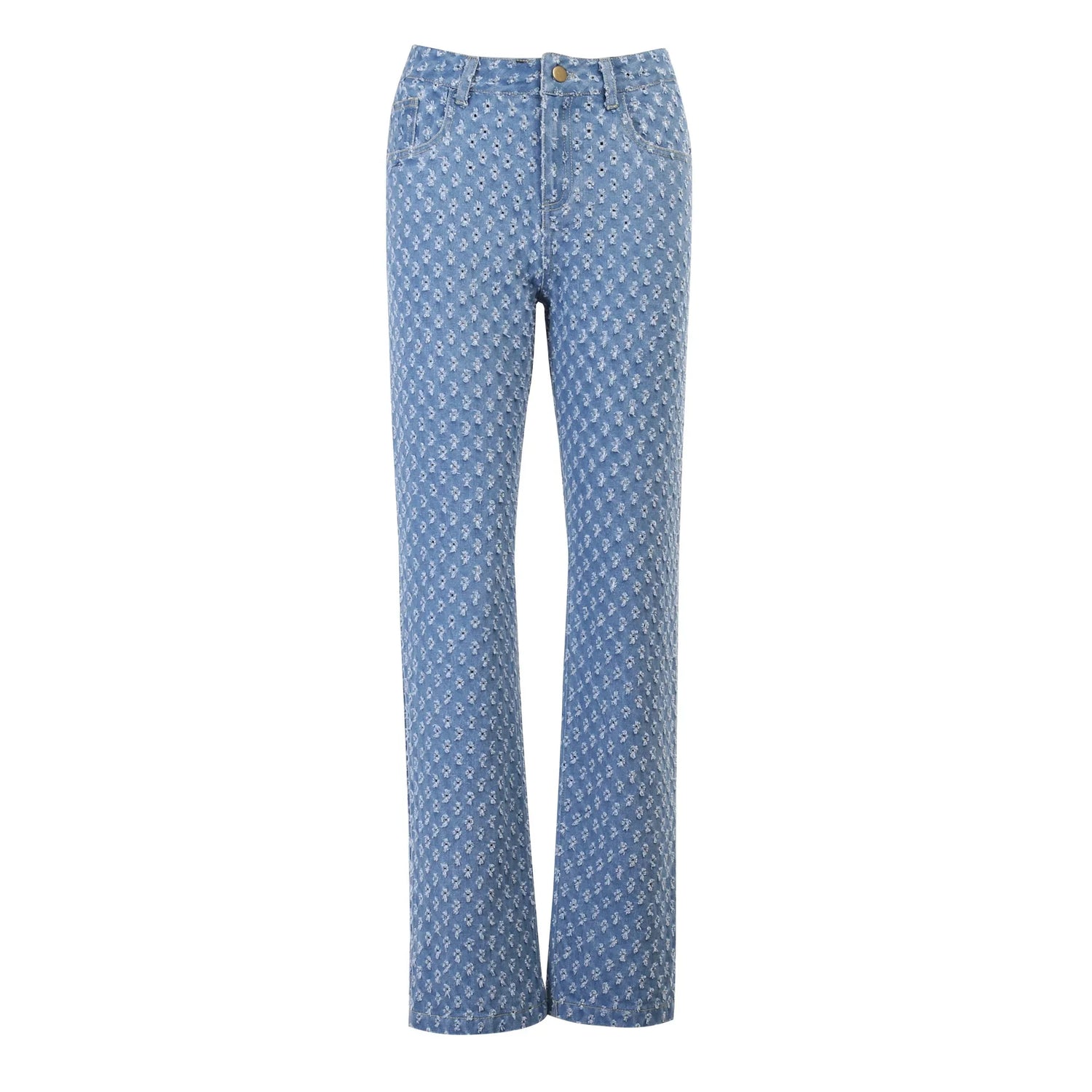 Light blue straight-leg denim jeans with white all-over pattern and mid-rise fit