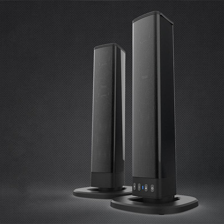 Pair of sleek black tower speakers with mesh finish and touch controls, modern tech accessory