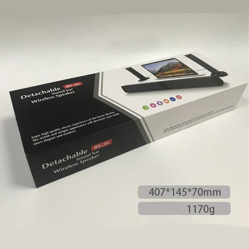 Boxed detachable wireless sound bar speaker in black, with product size and weight info.