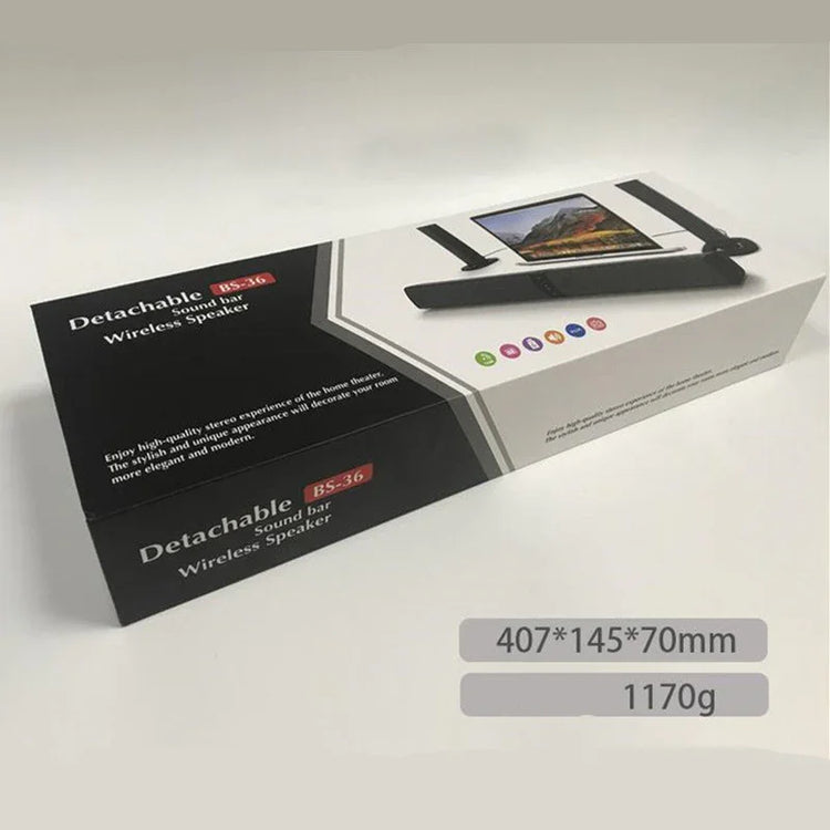 Boxed detachable wireless sound bar speaker in black, with product size and weight info.