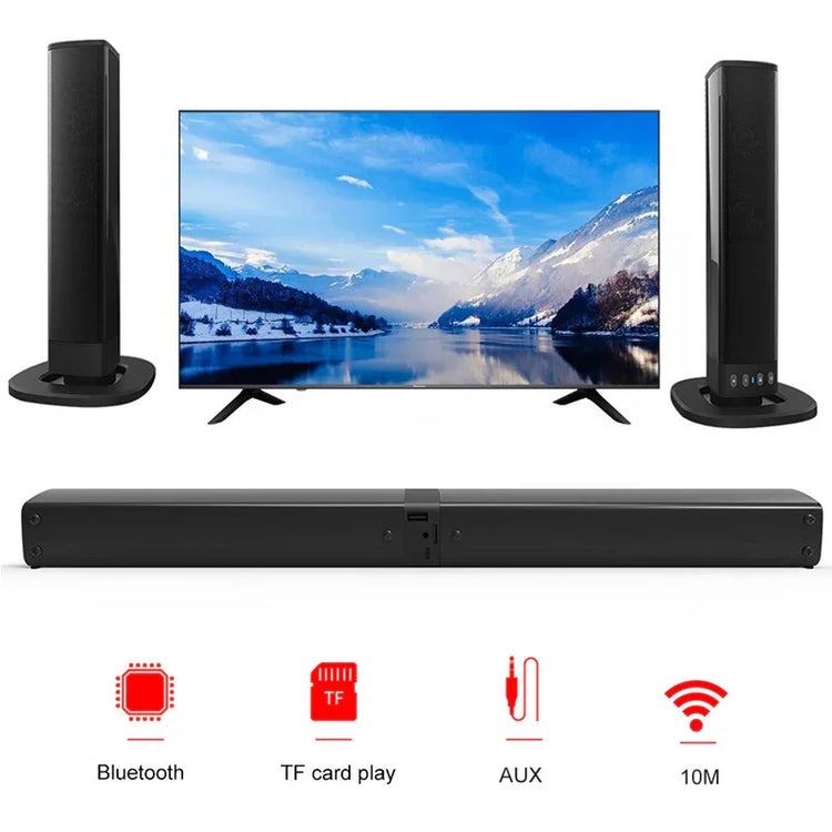 Black wireless Bluetooth speakers and soundbar with TV, shown with AUX, TF card features.