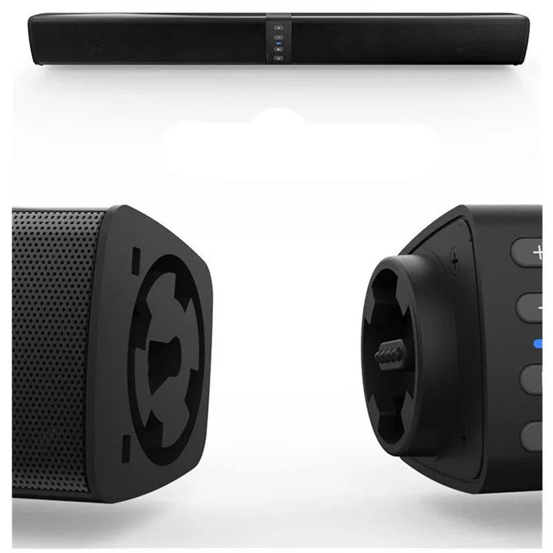 Black wireless soundbar speaker with close-up on textured material and side controls