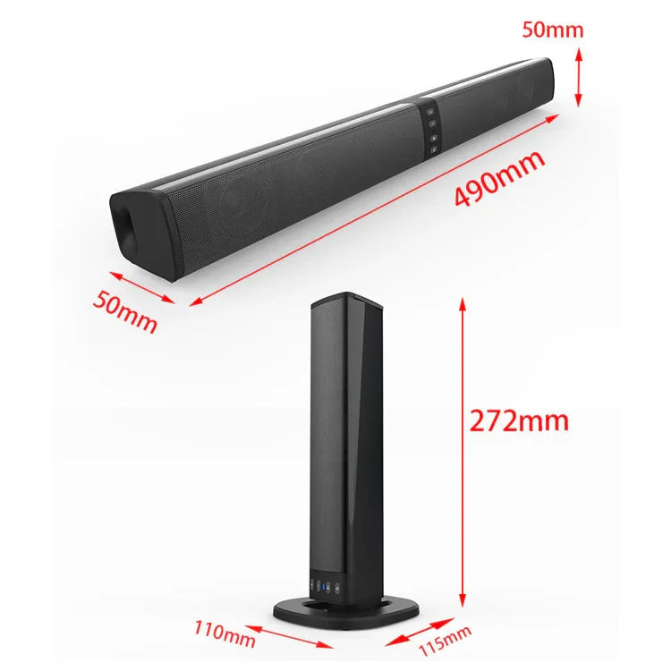 Black Bluetooth soundbar and vertical speaker with size dimensions in millimeters