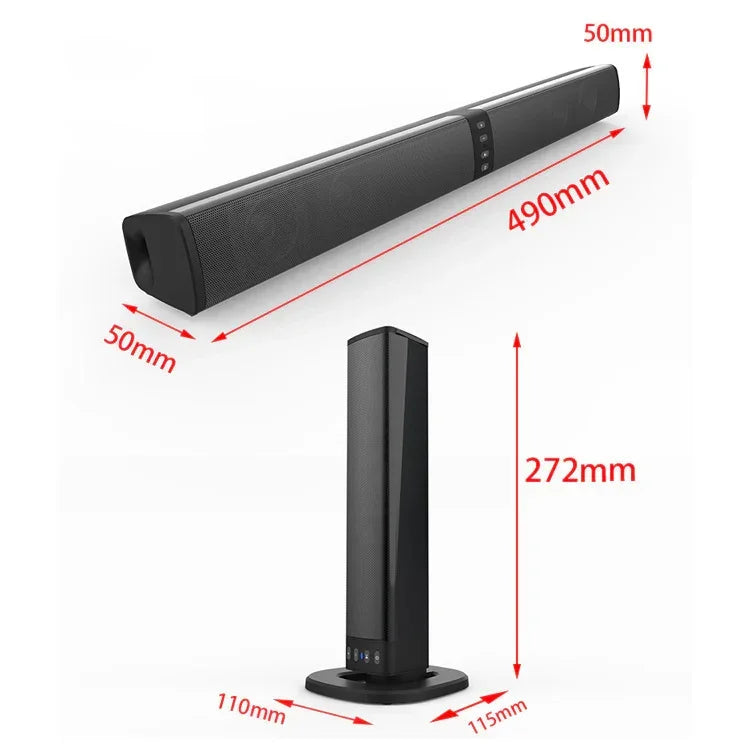 Black Bluetooth soundbar and vertical speaker with size dimensions in millimeters