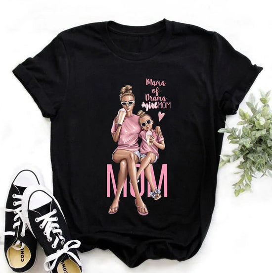 Black cotton t-shirt with graphic of mother and daughter in pink casual outfits, relaxed fit.