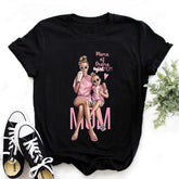Black cotton t-shirt with a colorful print of mother and daughter in pink outfits, relaxed fit