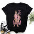 Black cotton t-shirt with a colorful print of mother and daughter in pink outfits, relaxed fit