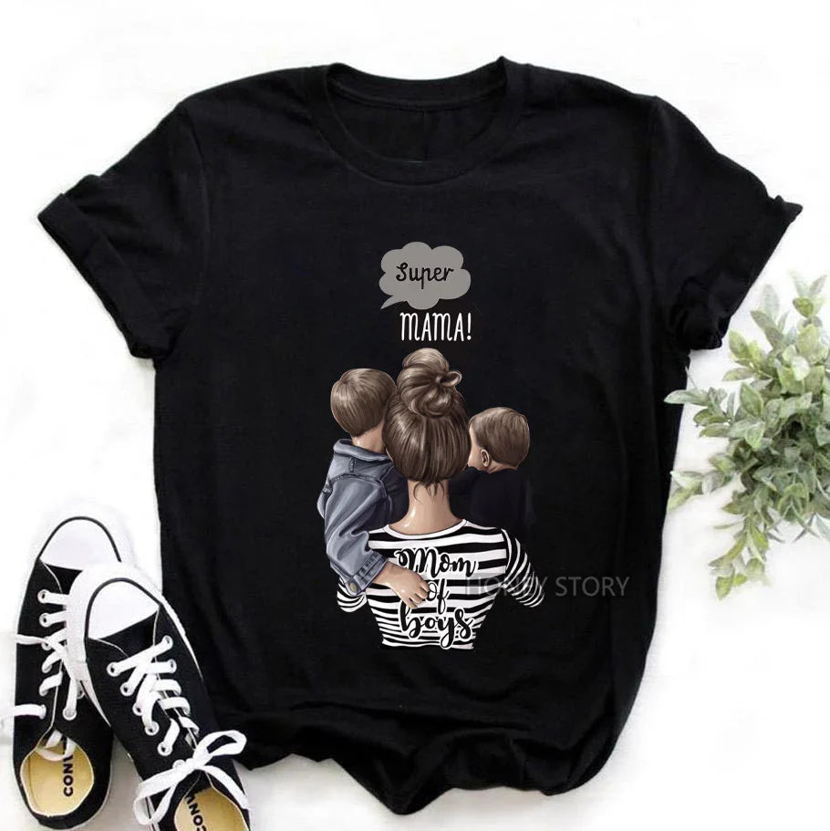 Black cotton t-shirt with graphic of a mom and two boys, casual relaxed fit, striped pattern accents.