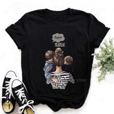 Black cotton t-shirt with graphic of a mom and two boys, casual relaxed fit, striped pattern accents.