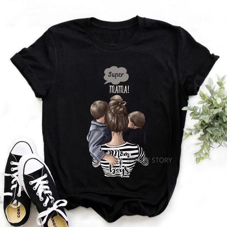 Black cotton t-shirt with graphic of a mom and two boys, casual relaxed fit, striped pattern accents.