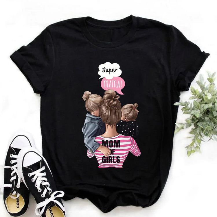 Black cotton t-shirt with cartoon graphic, pink and white accents, relaxed fit, mom and daughters design.