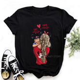 Black cotton t-shirt with cartoon mom and baby in mouse ear hats, relaxed fit streetwear.