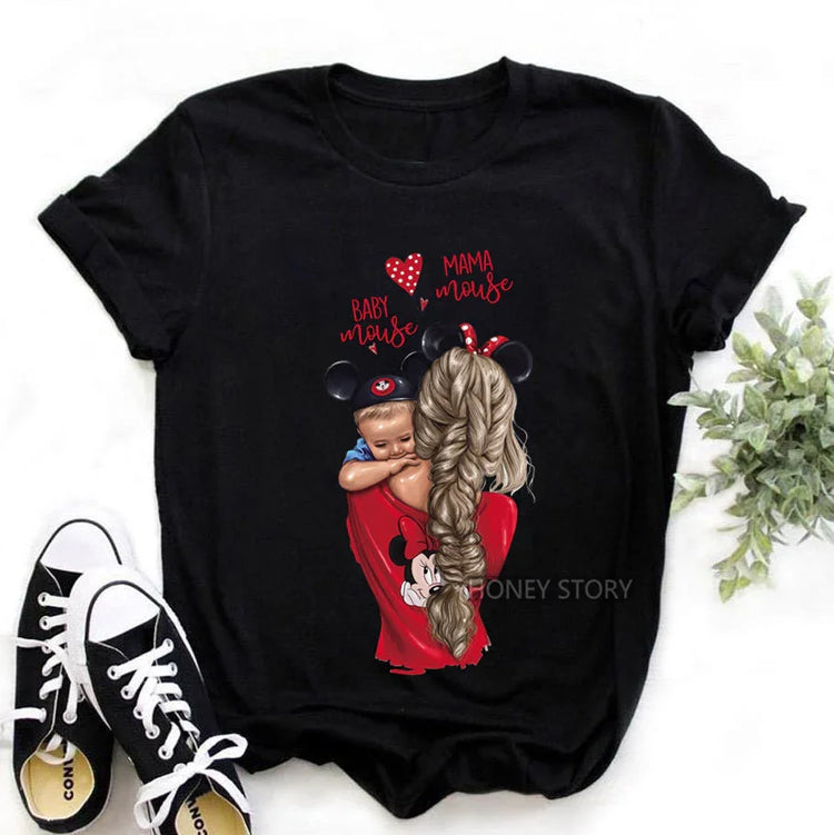 Black cotton t-shirt with cartoon mom and baby in mouse ear hats, relaxed fit streetwear.