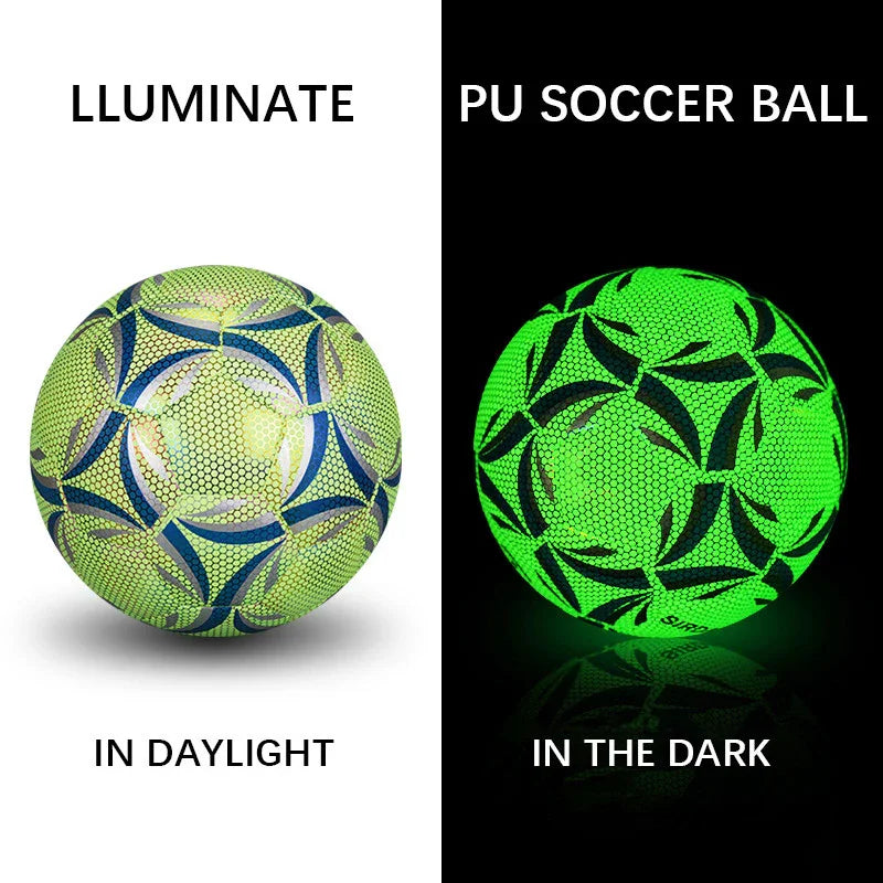 Luminous PU soccer ball showing yellow-blue color in daylight and glowing green in the dark.