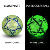 Luminous PU soccer ball showing yellow-blue color in daylight and glowing green in the dark.