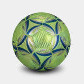 Green and blue patterned soccer ball with a honeycomb texture on a plain background