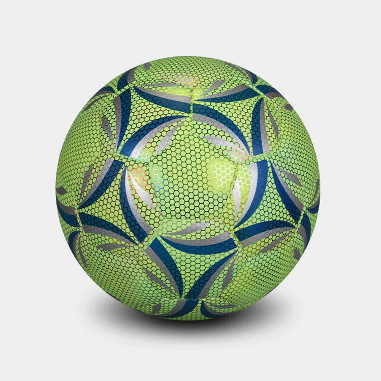 Green and blue patterned soccer ball with a honeycomb texture on a plain background