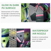 Futuristic patterned glow-in-the-dark PU material with waterproof air nozzle details.