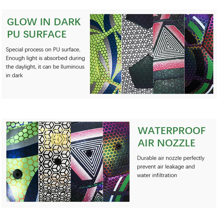 Futuristic patterned glow-in-the-dark PU material with waterproof air nozzle details.