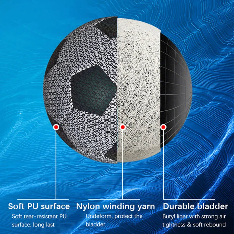 Cross-section of black and white soccer ball showing PU surface, nylon yarn layer, and durable bladder