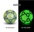 Size 4 soccer ball with reflective green and blue geometric pattern, shown in daylight and glowing in the dark.