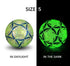 Reflective size 5 soccer ball with green and blue patterns shown in daylight and glowing in the dark