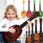 Child in white turtleneck sweater with dark blue jeans, wearing casual fit, playing a brown ukulele.