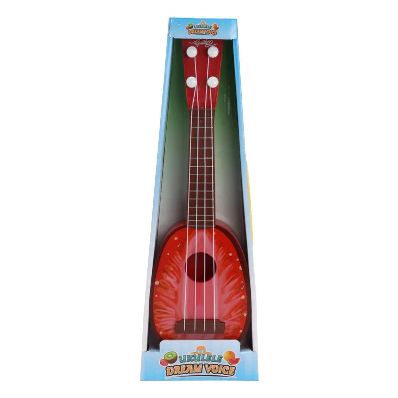 Red toy ukulele with a glossy finish in packaging, features plastic strings and a bright design.