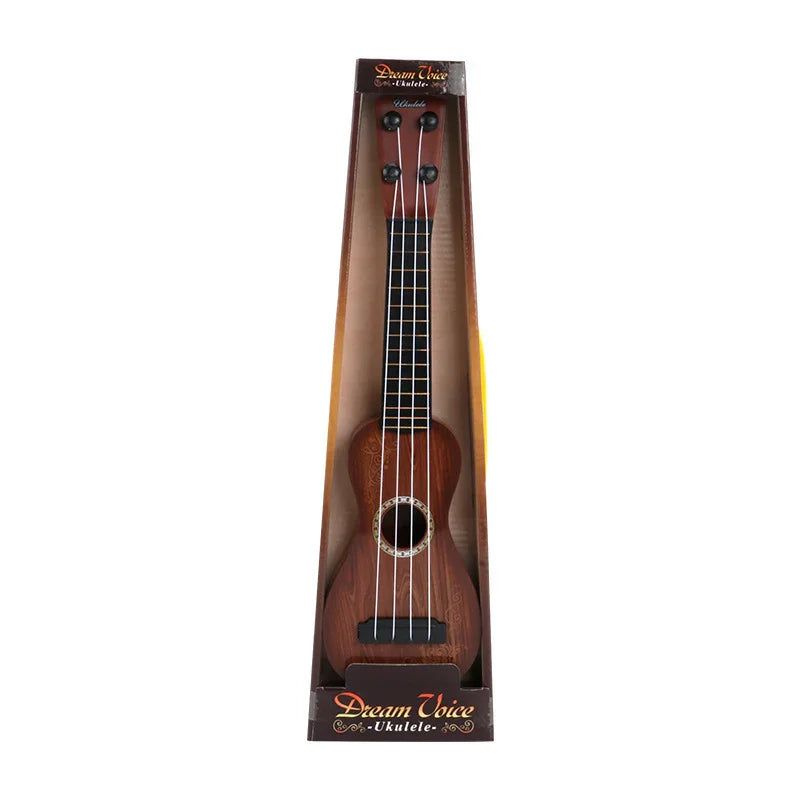 Brown wooden ukulele with black tuning pegs and white strings in display packaging.